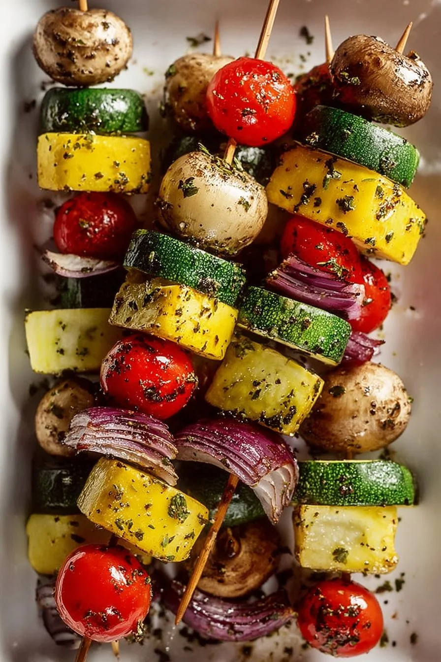 Brochettes de légumes grillées accompagnées de sauces savoureuses.