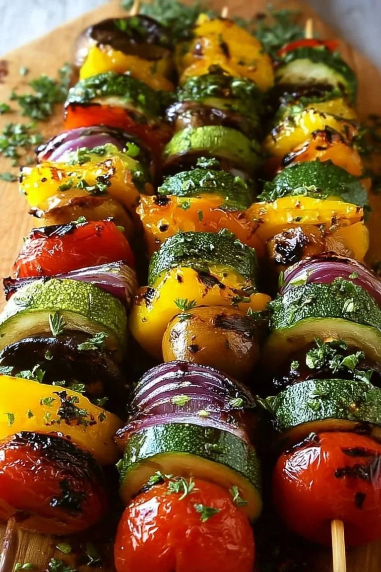 Brochettes de légumes grillés colorés sur un plat en bois