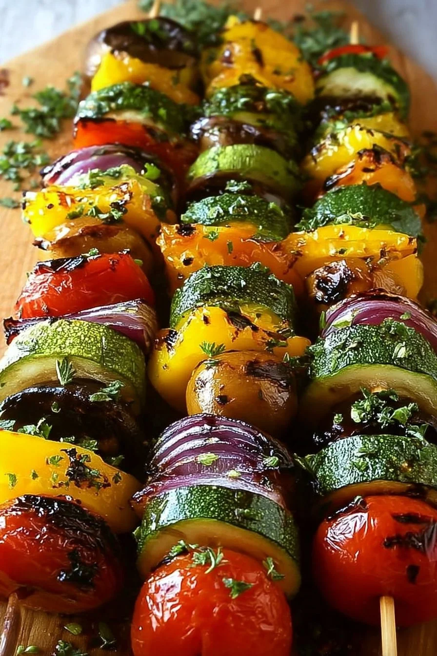 Brochettes de légumes grillés colorés sur un plat en bois