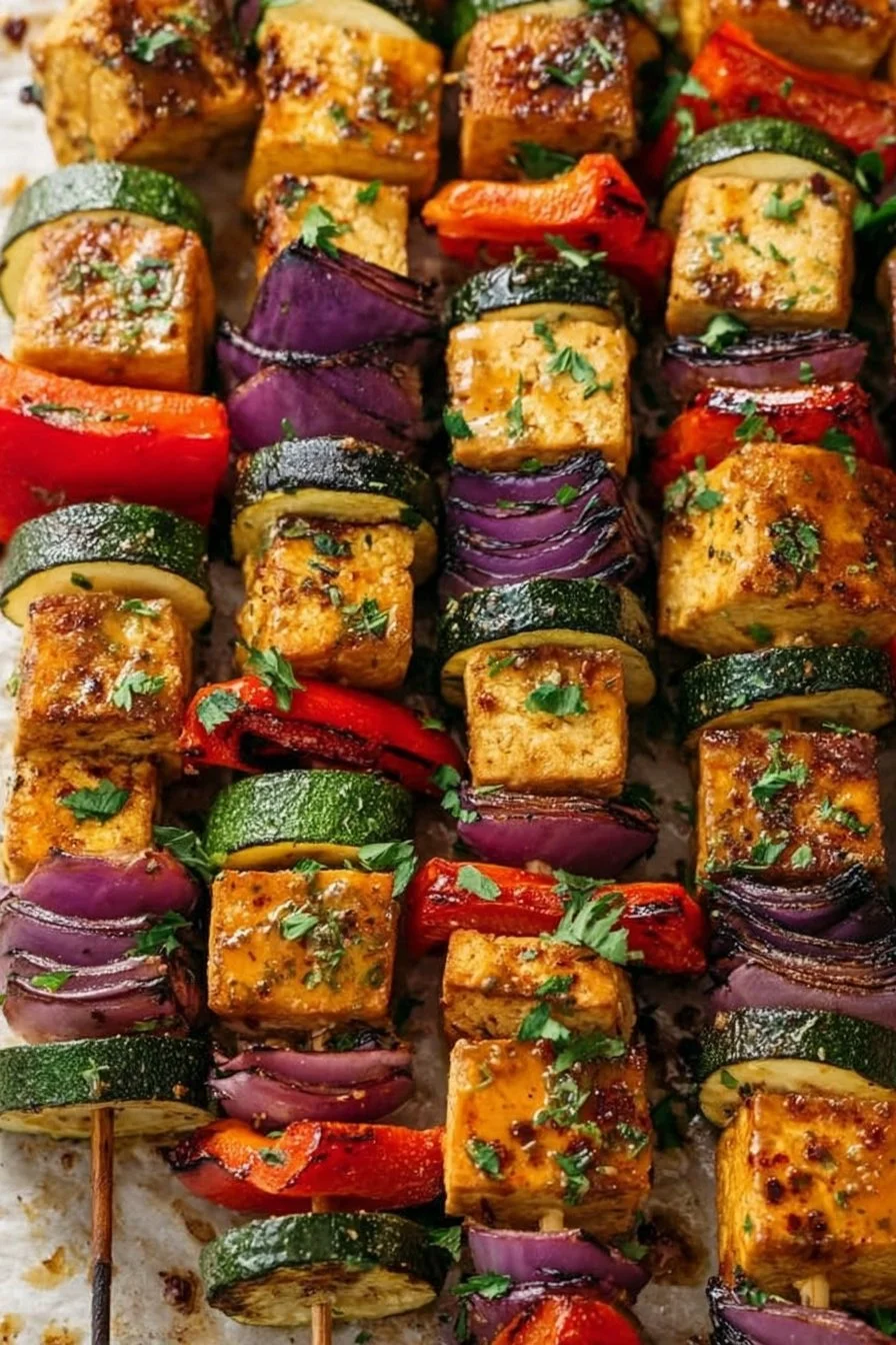 Brochettes de tofu grill&eacute; aux herbes et au citron vegan avec salade de ma&iuml;s et de tomates