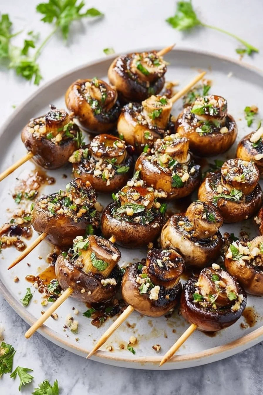 Brochettes végé grillées avec sauce au soja sur une assiette