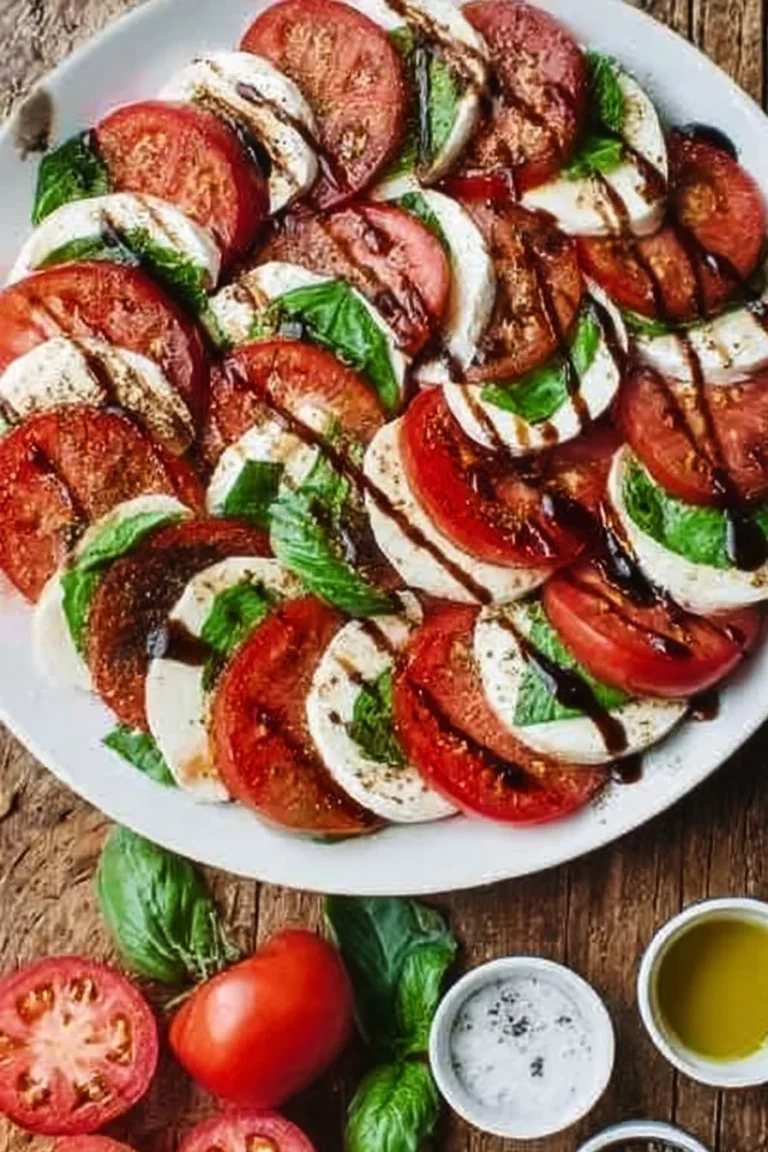 Salade Caprese avec mozzarella, tomates et glaze balsamique maison.