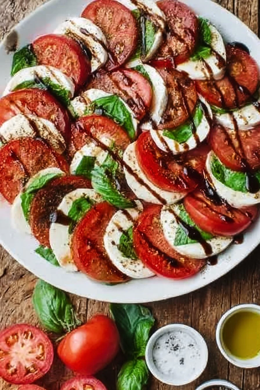 Salade Caprese avec mozzarella, tomates et glaze balsamique maison.