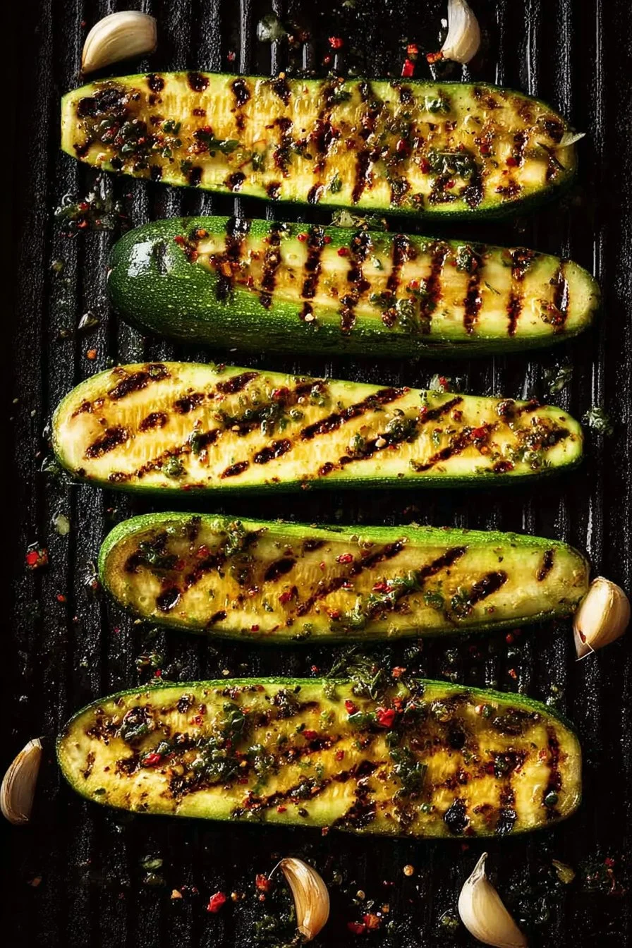 Courgettes grillées marinées sur le grill, servies avec des herbes aromatiques.