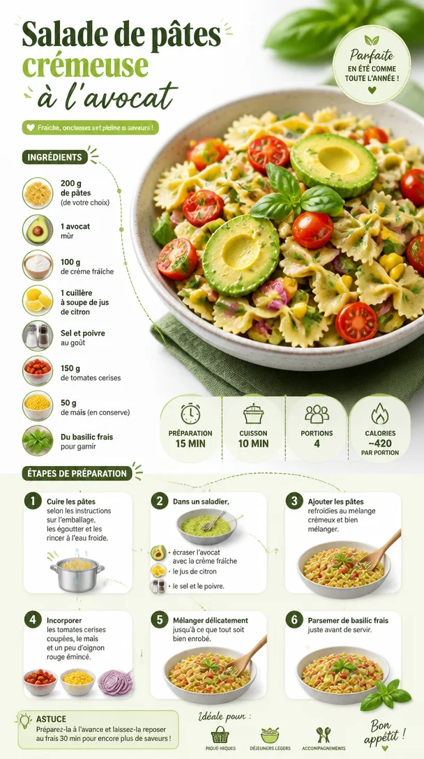 Salade de pâtes à l'avocat crémeuse garnie d'ingrédients frais