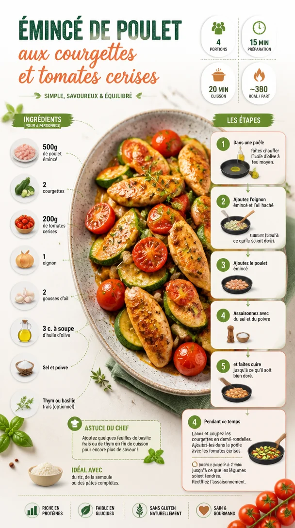 Émincé de poulet aux courgettes et tomates cerises, un plat savoureux et sain