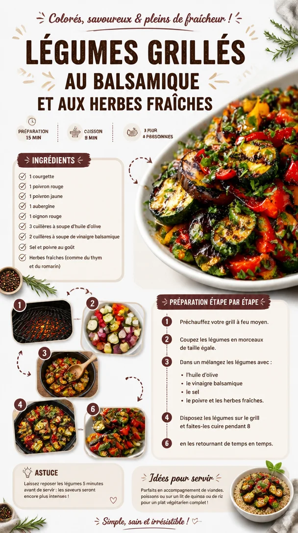 Légumes grillés assaisonnés de balsamique et d'herbes fraîches sur le grill.