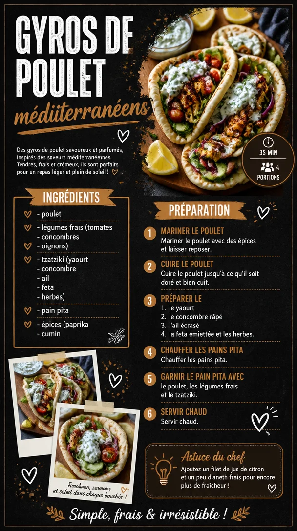 Plat de gyros de poulet méditerranéens garni de légumes frais et de sauce tzatziki