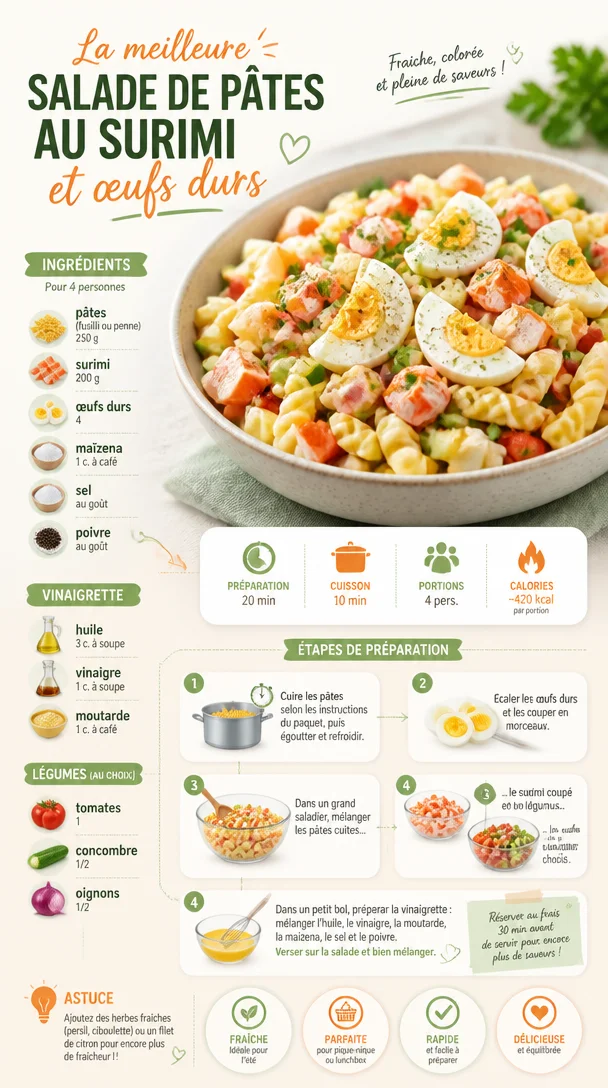 Salade de pâtes au surimi avec œufs durs, plat frais et équilibré
