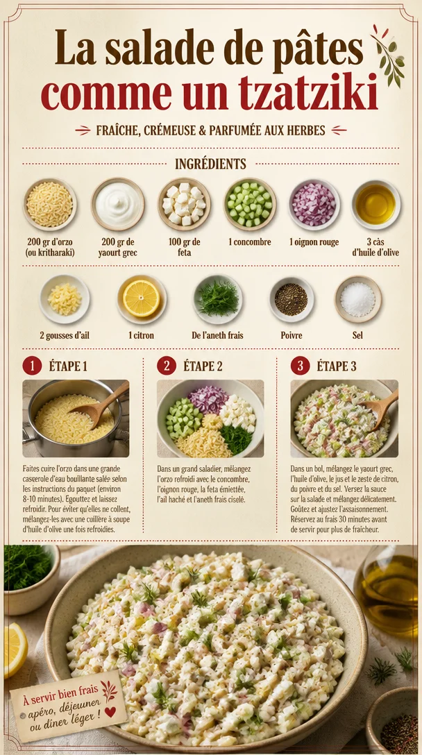 Salade de pâtes accompagnée d'une sauce tzatziki fraîche et savoureuse