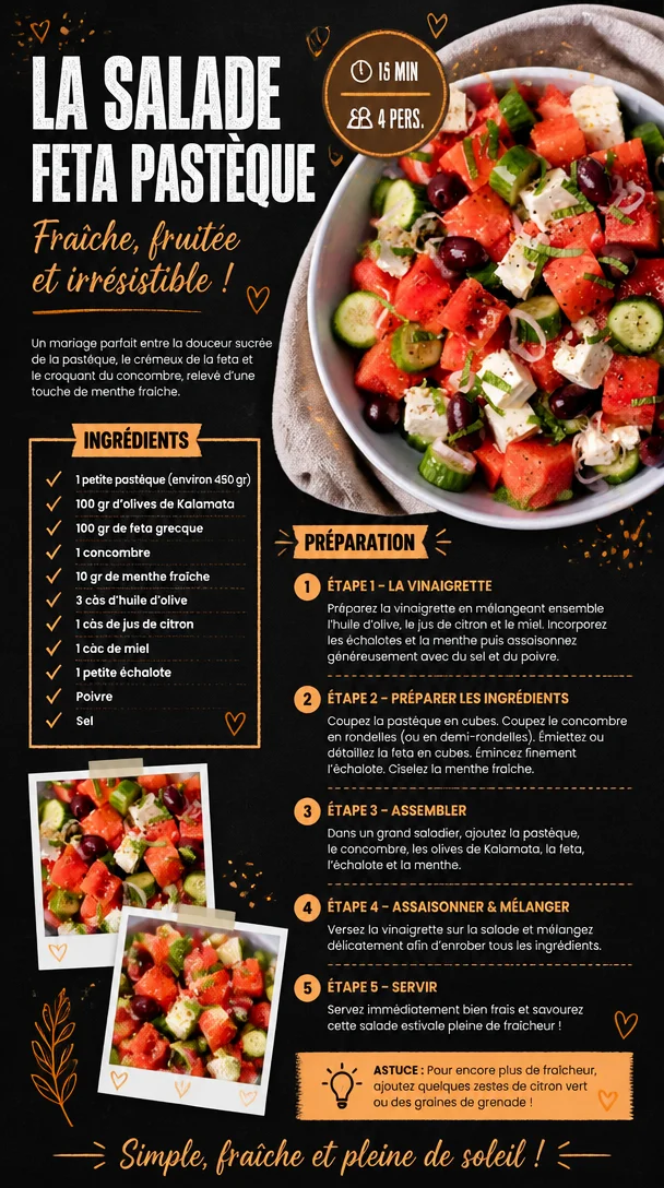 Salade feta pastèque garnie d'herbes fraîches et de légumes colorés