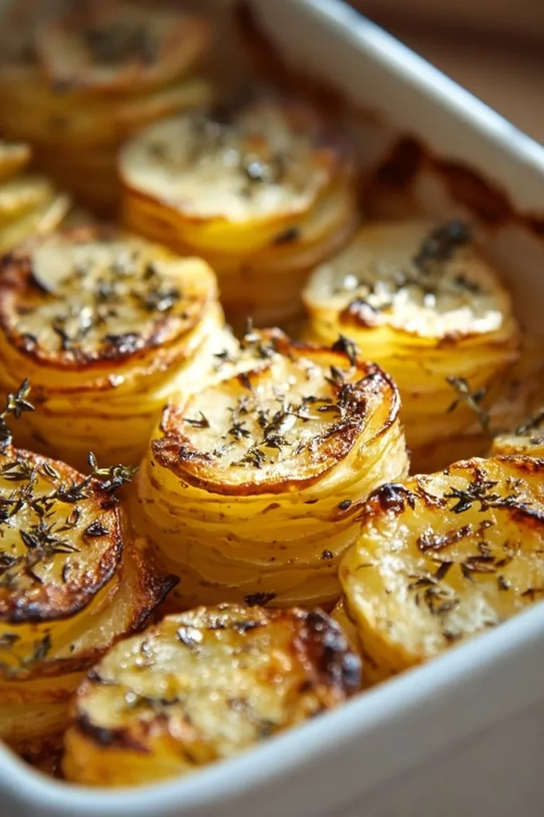 Millefeuille de pommes de terre au parmesan et à l'ail, présenté en portions attractives.