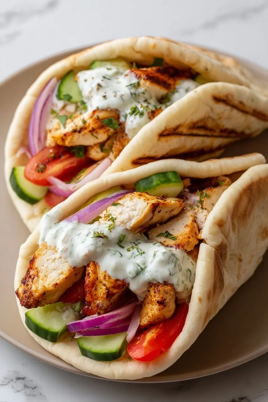 Pitas de poulet grec mijotées servies avec tzatziki