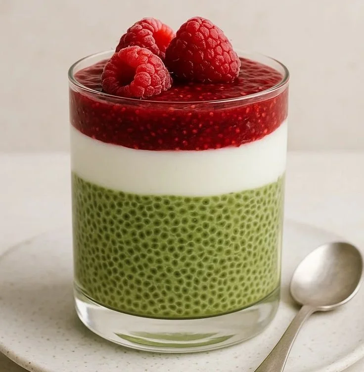 Un pudding chia au matcha, un dessert délicieux et nutritif fait maison.