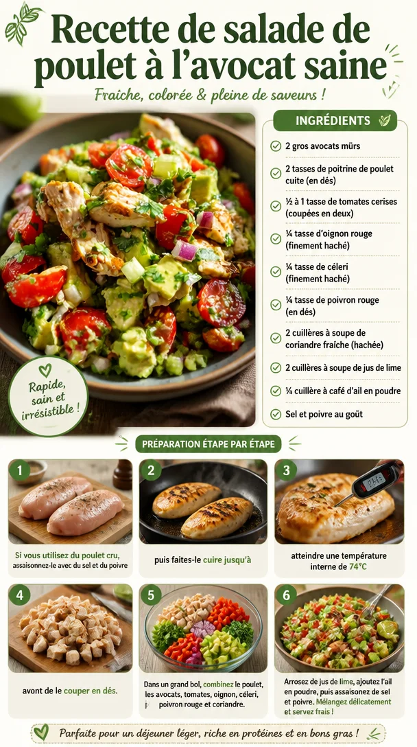 Salade de poulet à l'avocat présentée dans un bol aux couleurs vives.