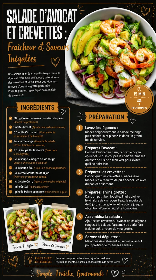 Salade d'avocat et crevettes avec ingrédients frais et colorés