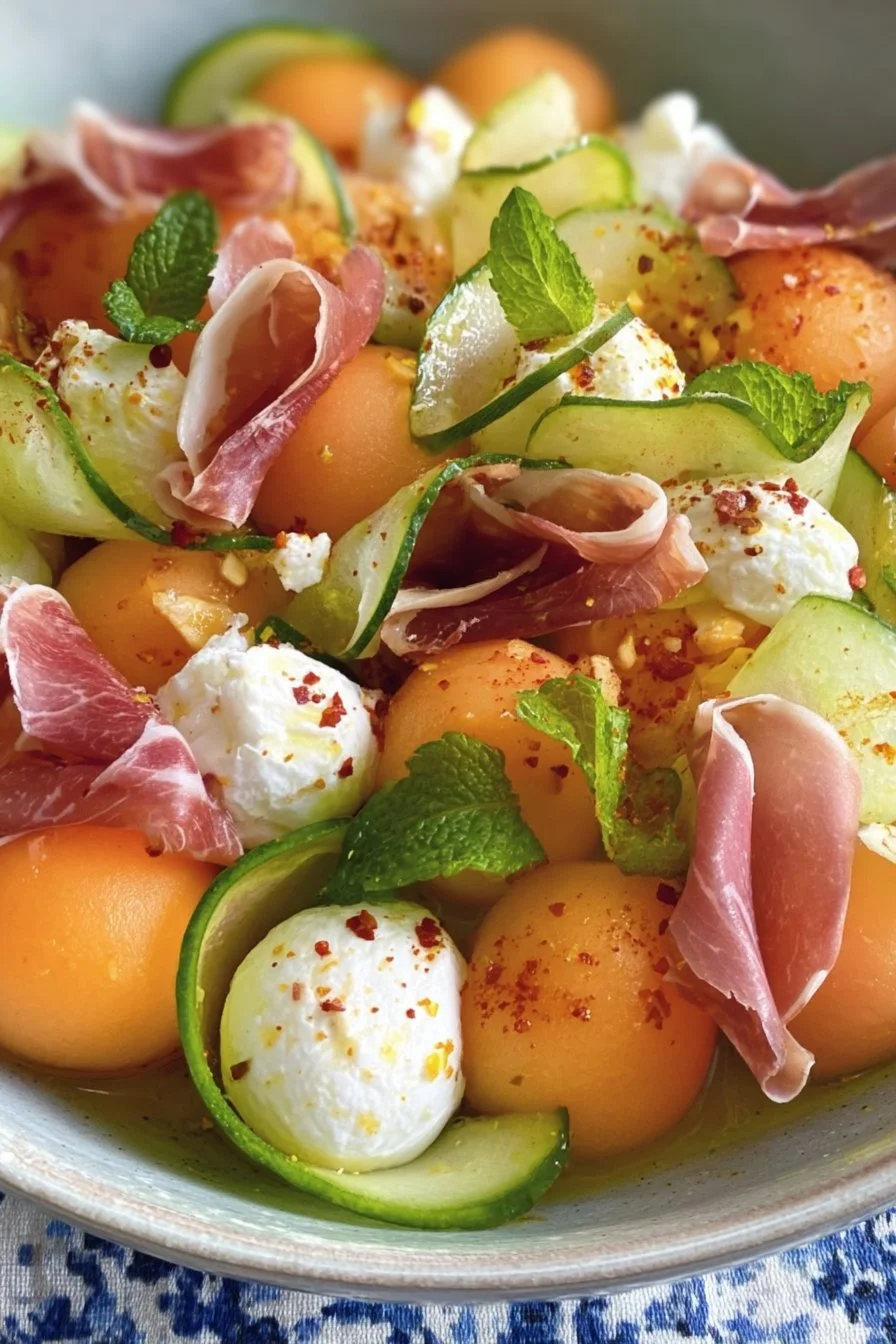 Salade colorée de melon, concombre, nectarines et mozzarella dans un bol