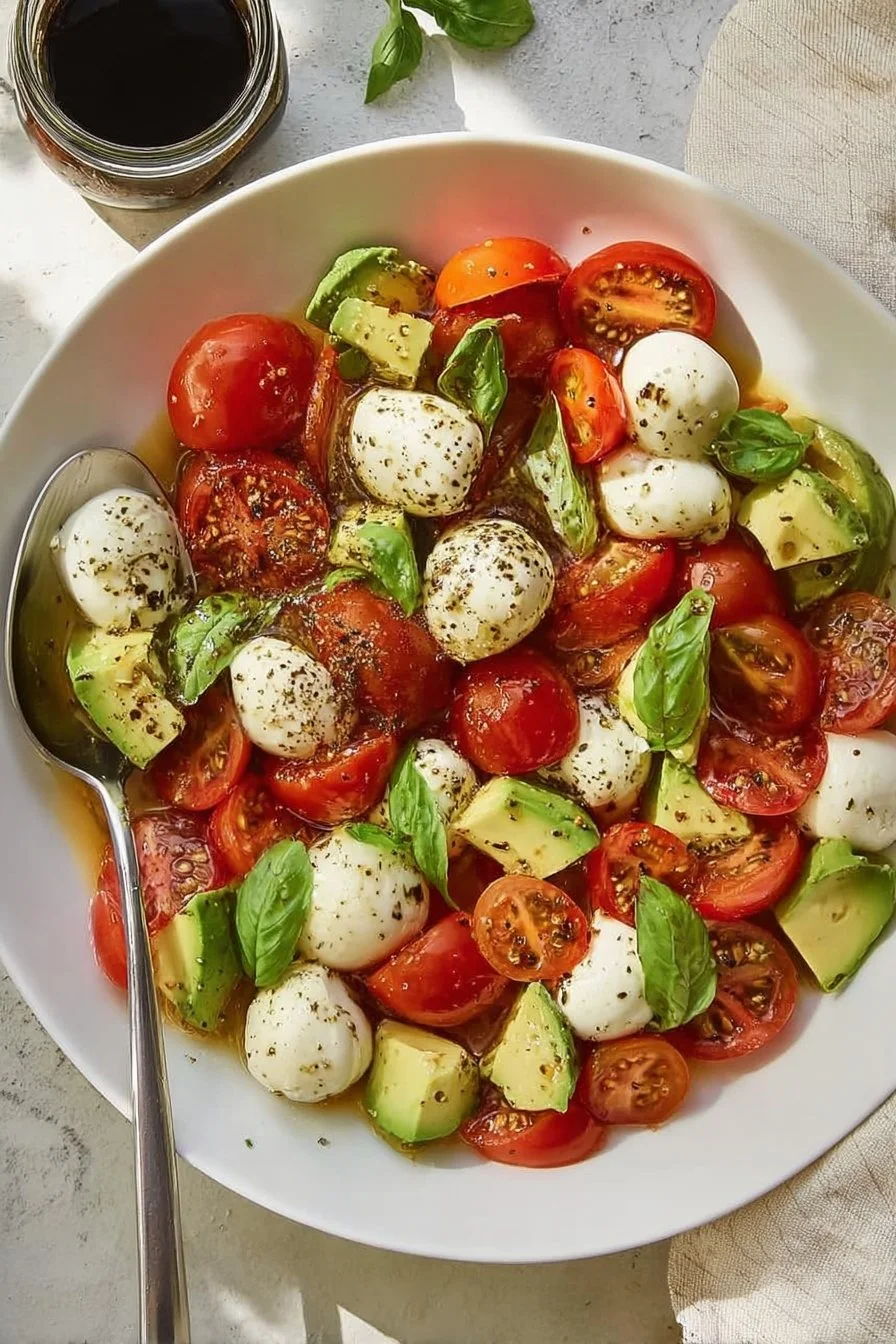 Salade Caprese à l'Avocat Léger avec tomates, mozzarella et basilic