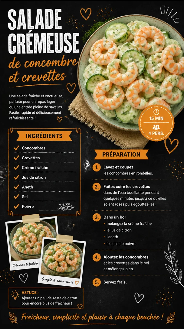 Salade de concombre crémeuse avec crevettes, idéale pour un repas d'été savoureux.
