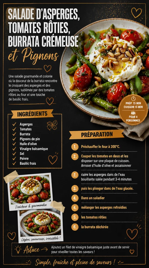 Salade d’Asperges Burrata avec tomates rôties et pignons de pin
