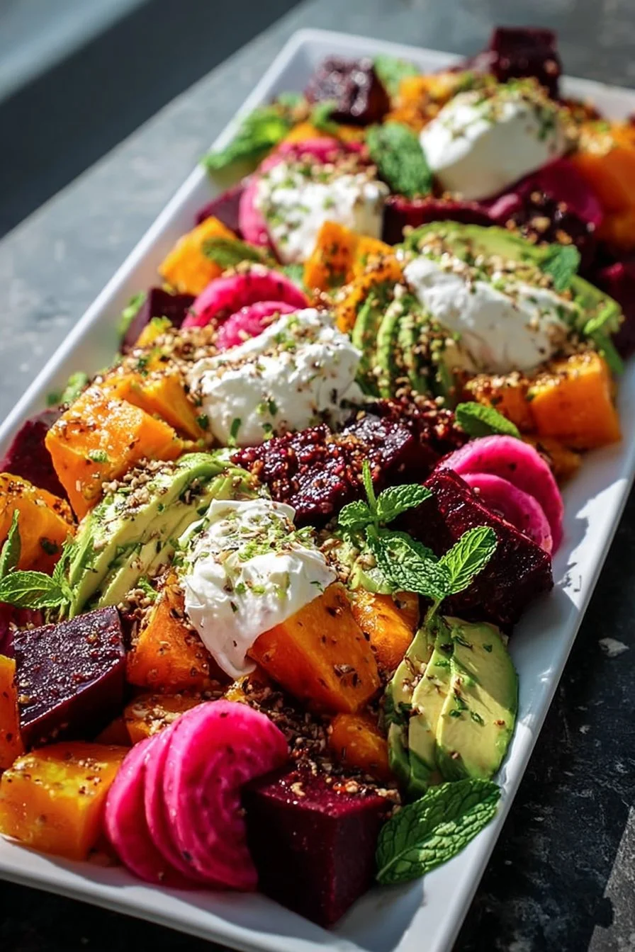 Salade de betteraves rôties avec patates douces, avocat et ricotta fouettée