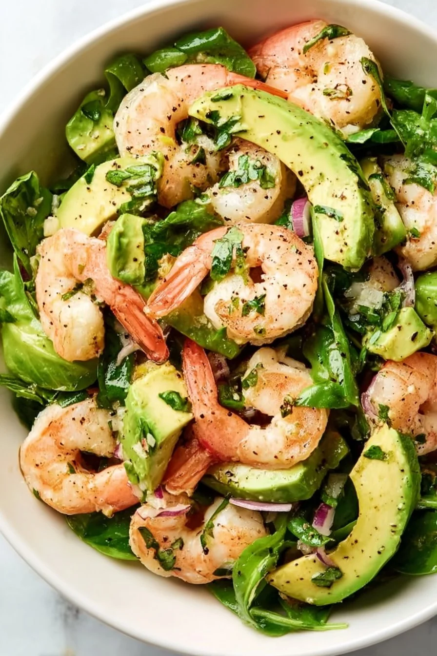 Salade de crevettes et avocat agrémentée d'agrumes, saine et délicieuse.