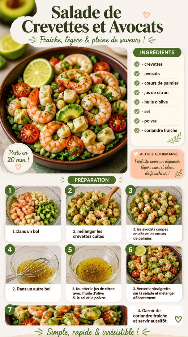 Salade de crevettes et avocats fraîche et colorée
