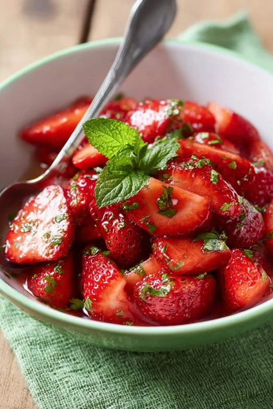 Salade de fraises fraîche avec menthe et basilic dans un bol coloré