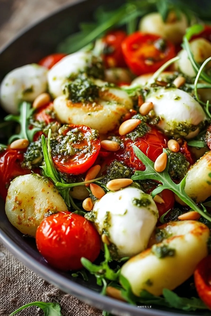 Salade de gnocchis rôtis au pesto de basilic, tomates cerises, mozzarella et roquette