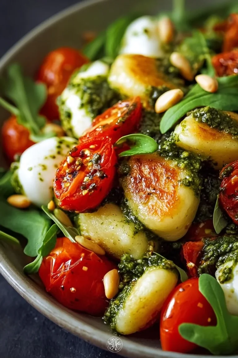Salade de gnocchis rôtis au pesto de basilic avec tomates, mozzarella et roquette