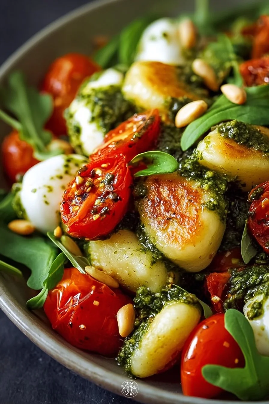 Salade de gnocchis rôtis au pesto de basilic avec tomates, mozzarella et roquette
