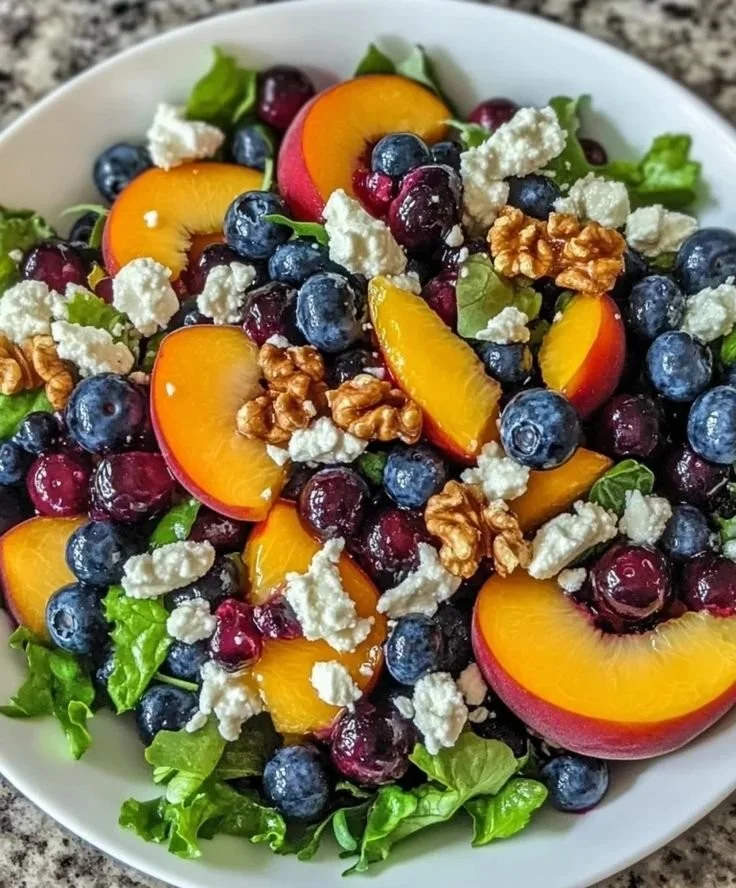 Salade de myrtilles, p&ecirc;ches et feta