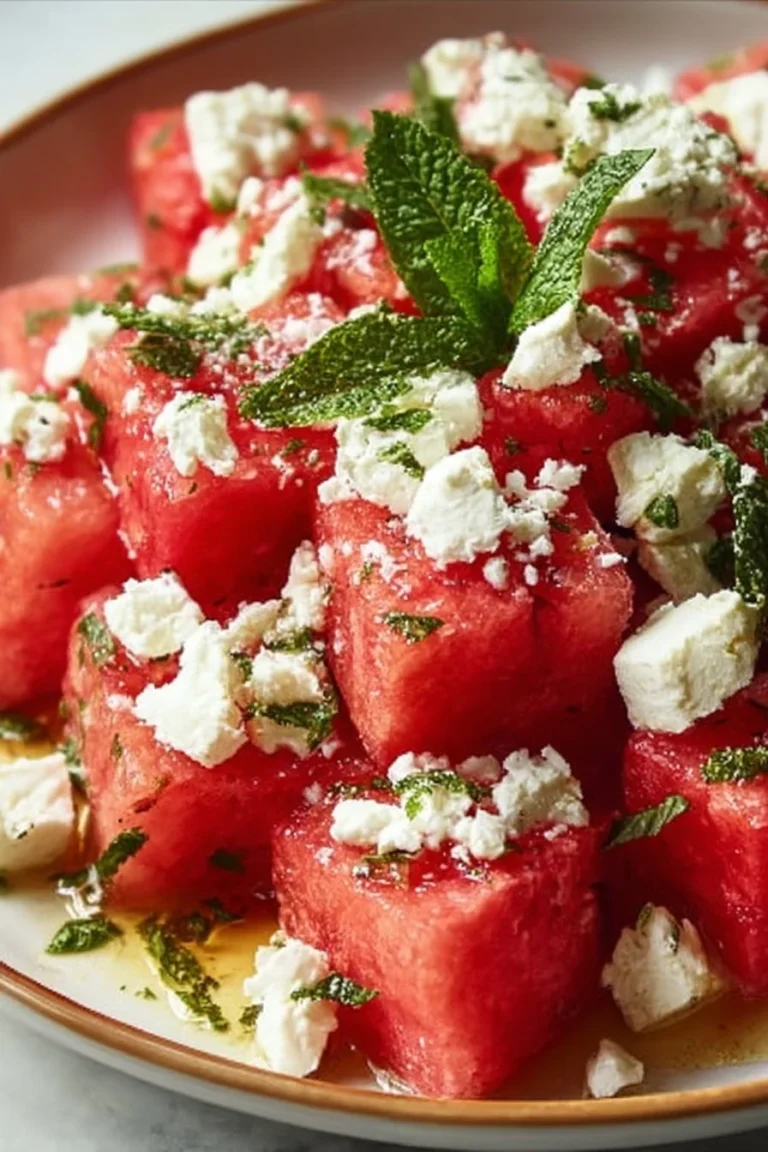 Salade de pastèque et feta légère et rafraîchissante prête en 5 minutes.