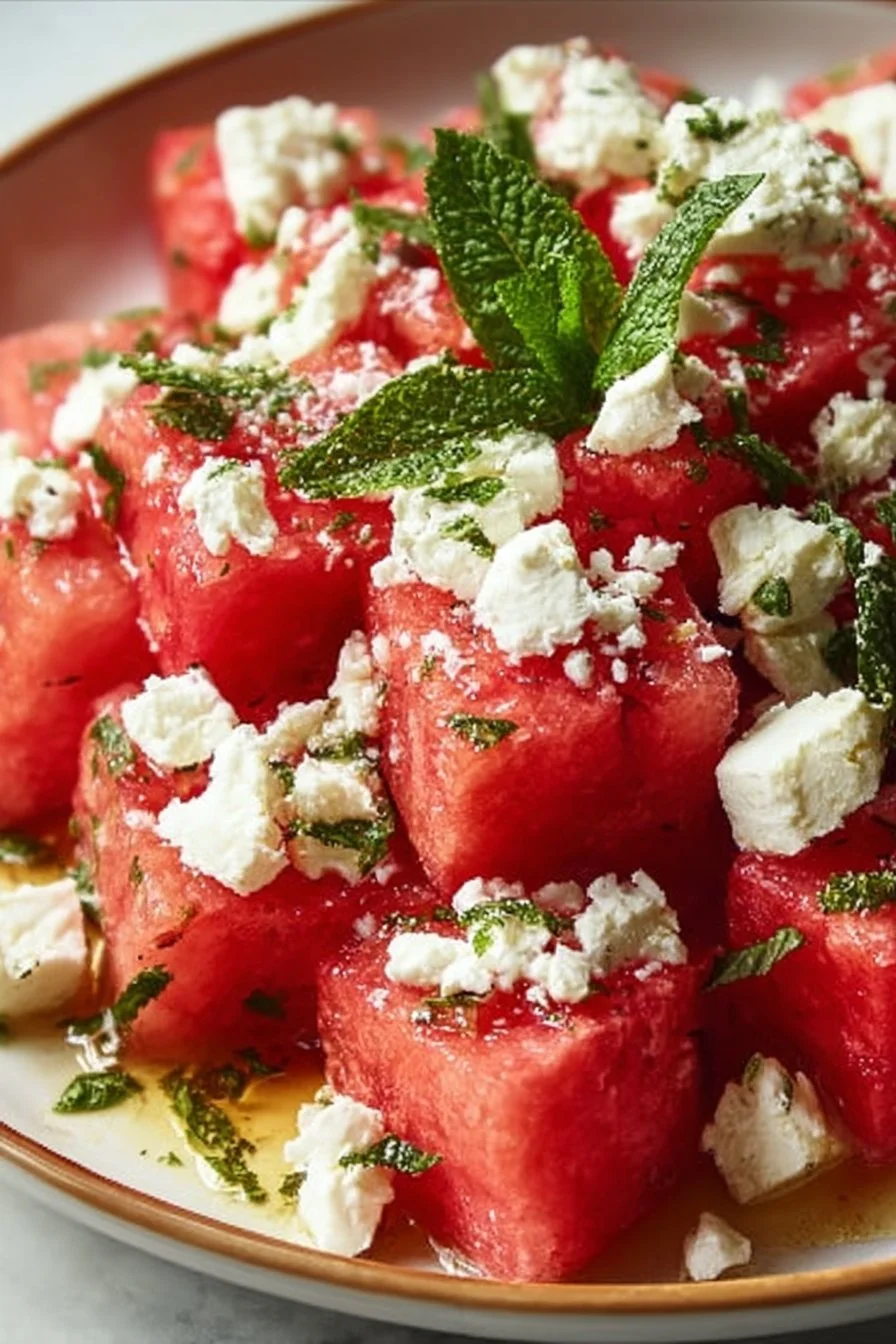 Salade de pastèque et feta légère et rafraîchissante prête en 5 minutes.