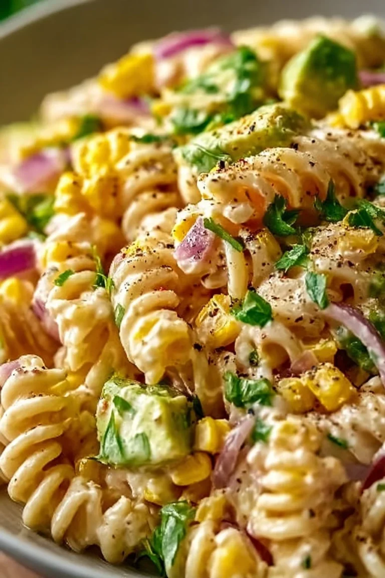 Salade de pâtes au maïs de rue mexicain garnie de légumes et d'herbes fraîches.