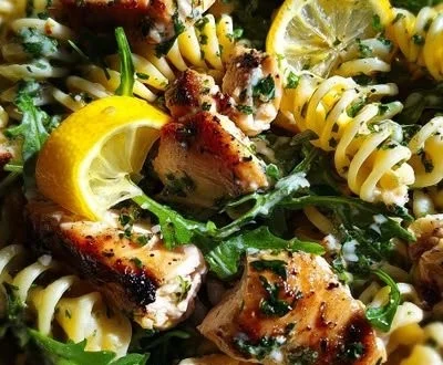 Salade de pâtes au poulet, citron et parmesan servie dans un bol coloré