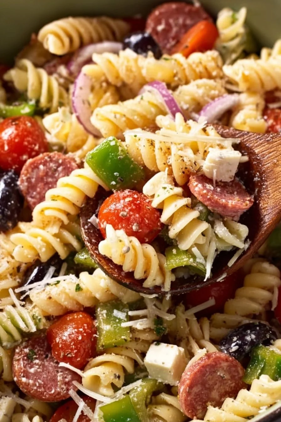 Salade de pâtes classique servie dans un bol avec des légumes frais