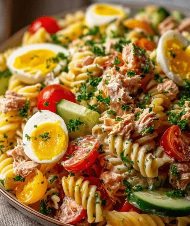 Salade de pâtes estivale colorée avec légumes frais et vinaigrette légère