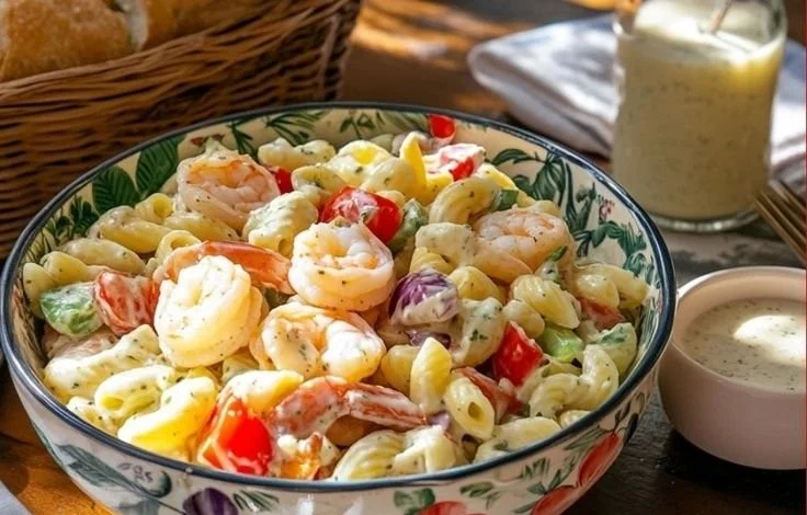 Salade de pâtes froide avec crevettes et mozzarella, idéale pour un repas estival.