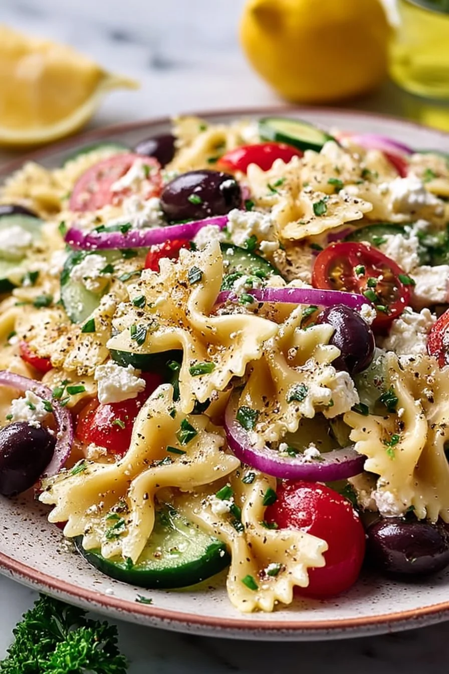 Salade de pâtes méditerranéenne garnie de légumes et d'herbes fraîches.