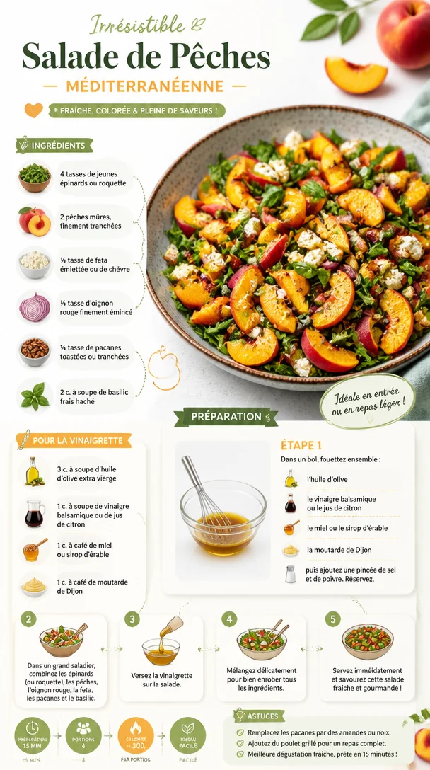 Salade de pêches irrésistible garnie de fruits frais et herbes aromatiques.