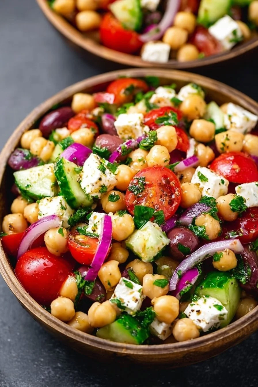 Salade de pois chiches à la grecque avec légumes frais et vinaigrette