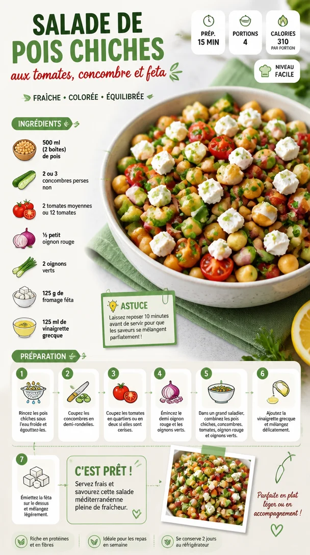 Salade de pois chiches avec tomates, concombre et feta dans un bol.