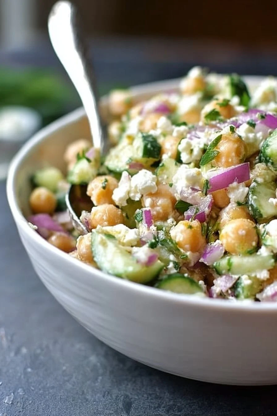 Salade de pois chiches avec concombre et feta dans un bol.