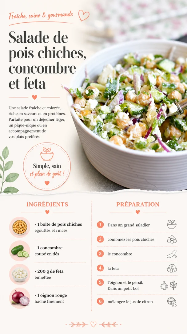 Salade de pois chiches, concombre et feta servie dans un bol coloré