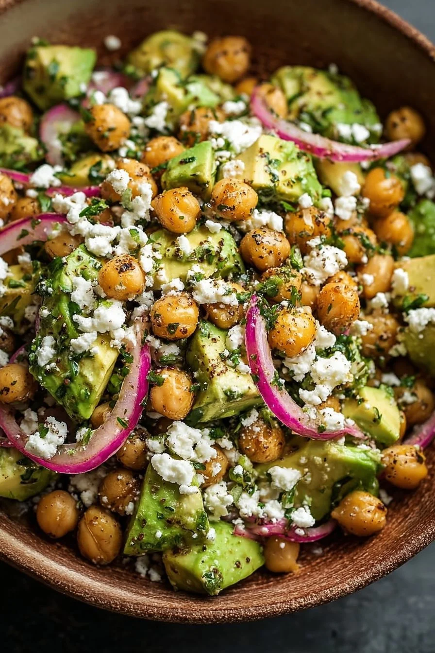 Salade de pois chiches avec feta et avocat garnie de légumes frais