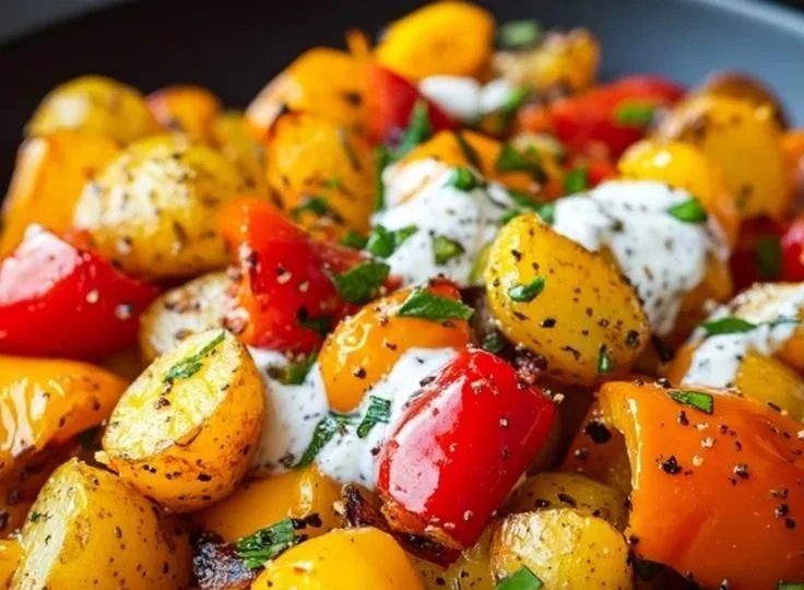 Salade de poivrons grillés à la burrata, garnie d'herbes fraîches.