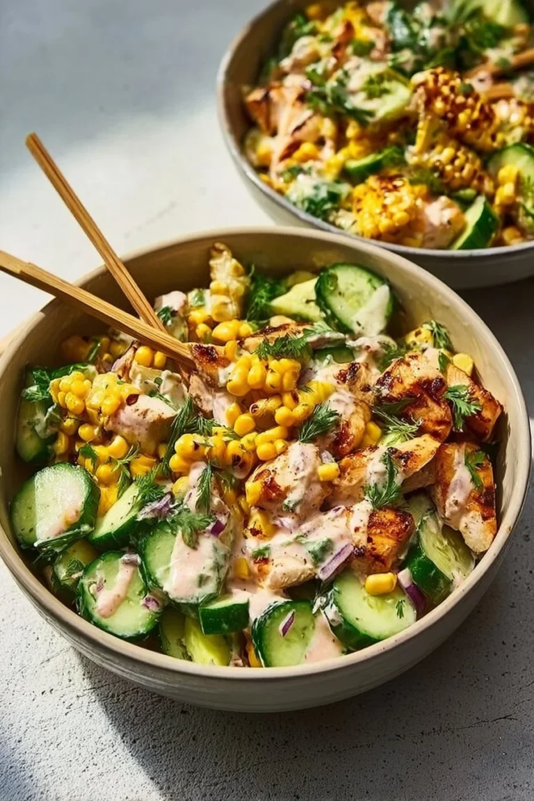 Salade de poulet crémeuse au maïs grillé et concombre, plat savoureux et rafraîchissant