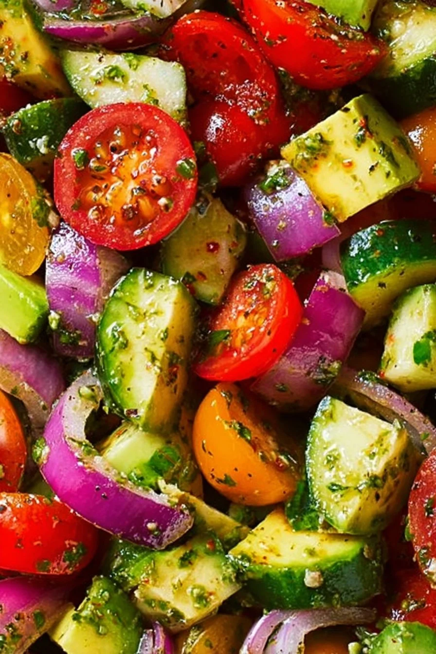 Salade de Tomate, Concombre et Avocat avec Pesto de Basilic