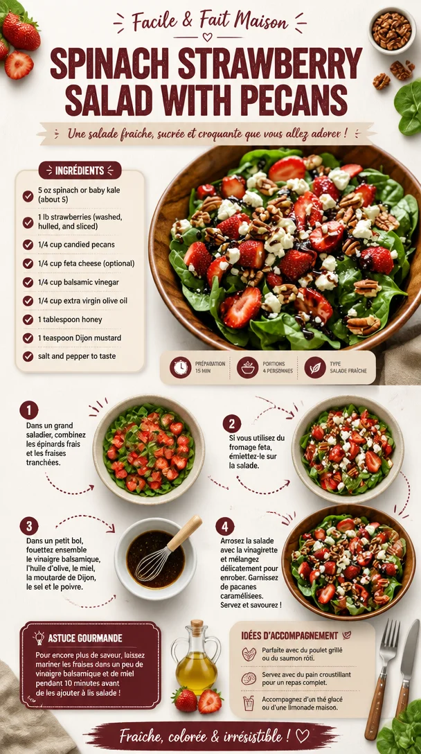 Salade d'épinards aux fraises et pacanes, un plat frais et coloré.